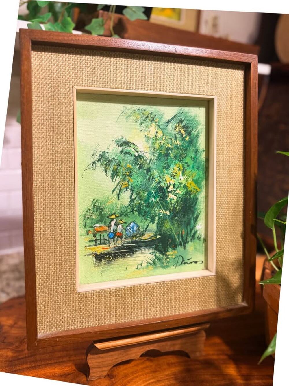 Vintage Signed Landscape Painting Mid Century Original Art Seagrass Mat